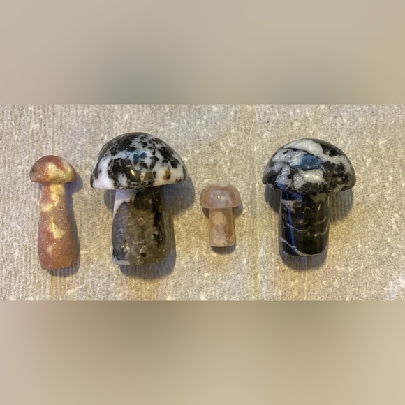 4 piece stone mushroom carvings, 2 large black & white, 2 smaller tan & white. - Picture 16 of 16